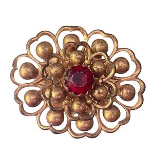 Vintage Gold Toned and Red Floral Brooch